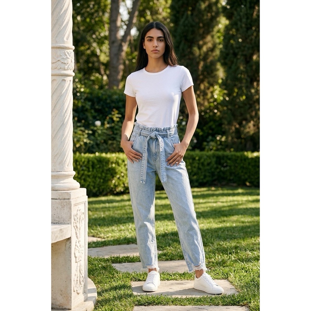 NWT Insane Gene  Hi-Waisted Paper Bag Slouch Jeans Light Wash Distressed L